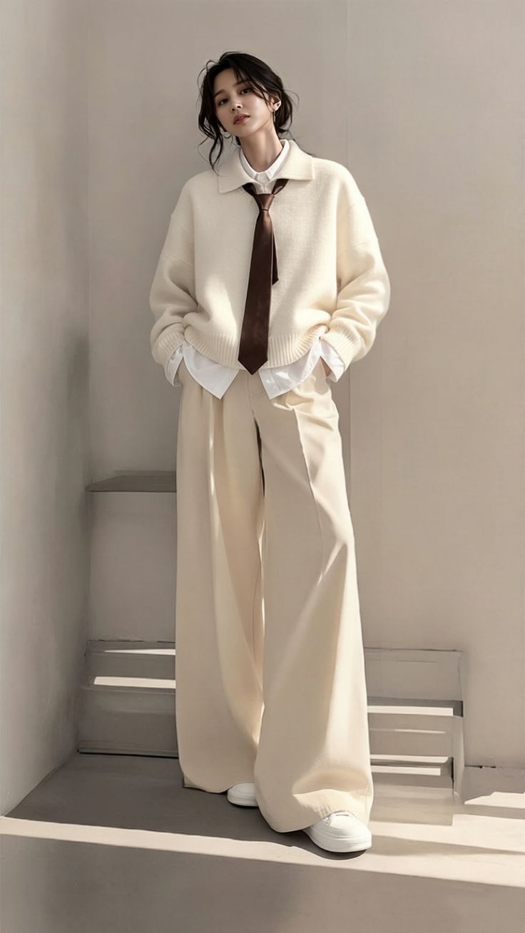 Woman in a cream sweater, white shirt, and wide leg pants with a brown tie