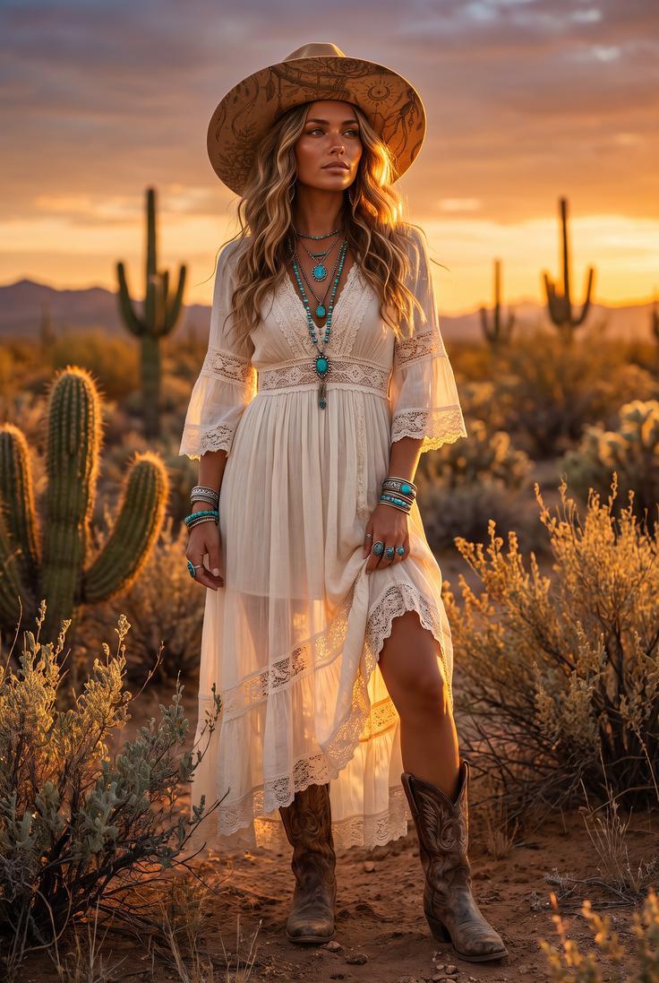 Woman in a white dress and cowgirl hat in a desert landscape at sunset