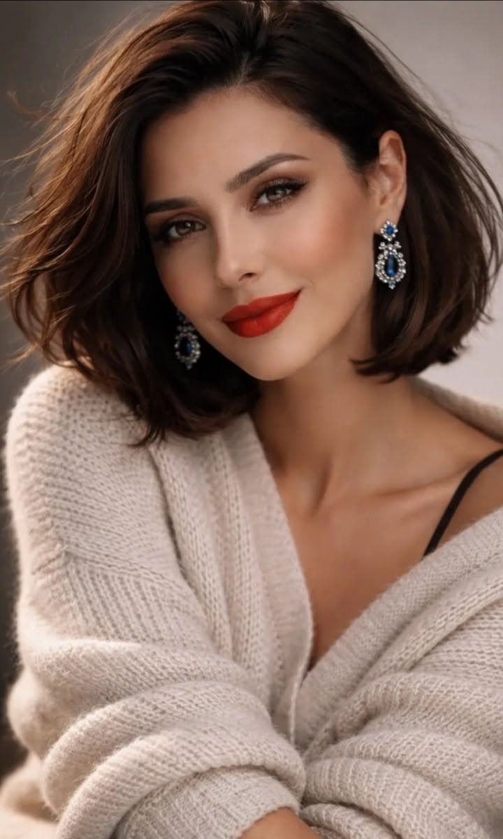 Woman with short brown hair, red lipstick, and blue earrings wearing a knitted cardigan