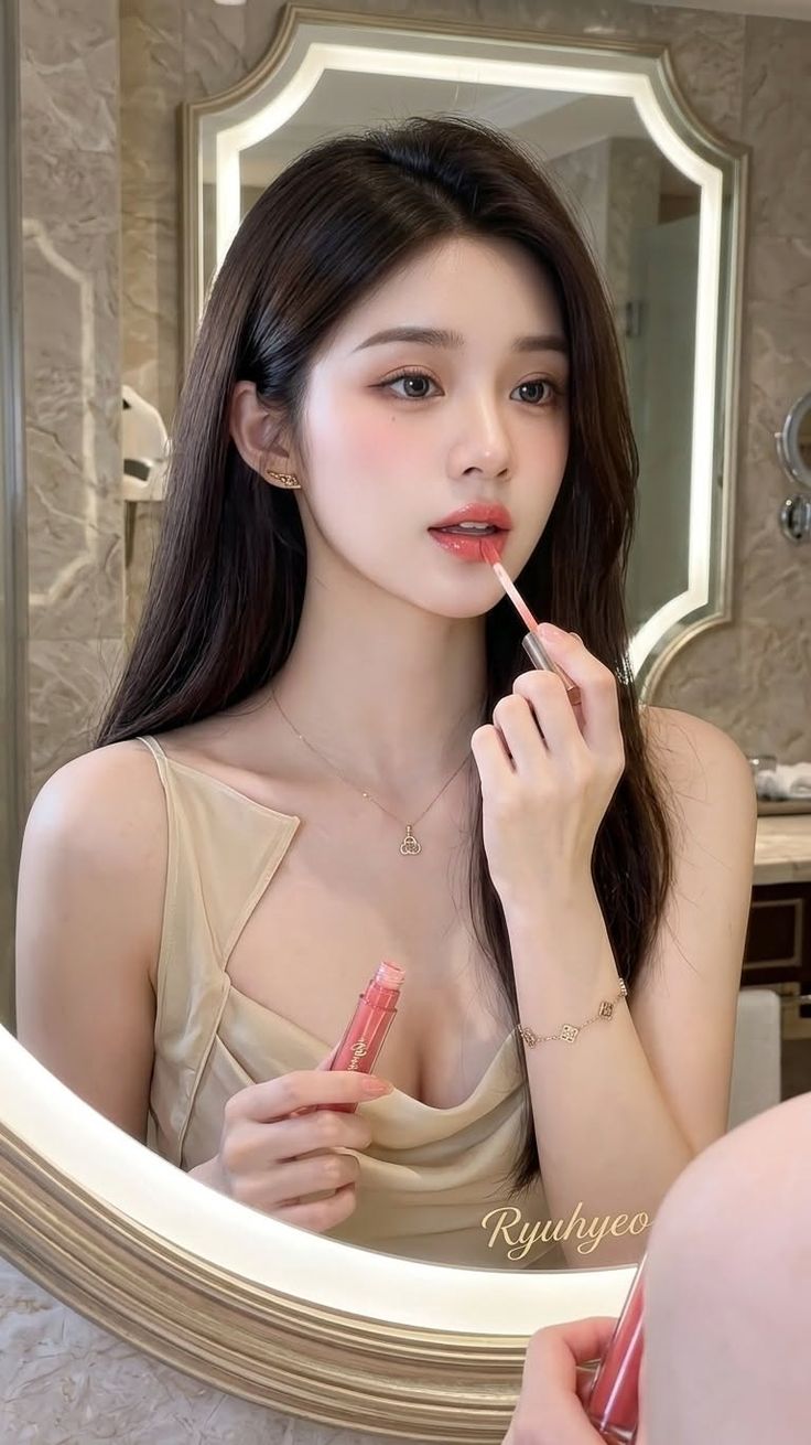 Woman with long hair applying lipstick in a mirror, showing cleavage