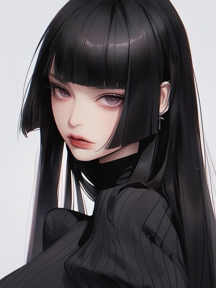 Anime style portrait of a woman with long black hair and purple eyes