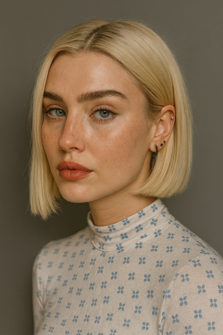 Woman with short blonde hair and blue eyes wearing a patterned turtleneck