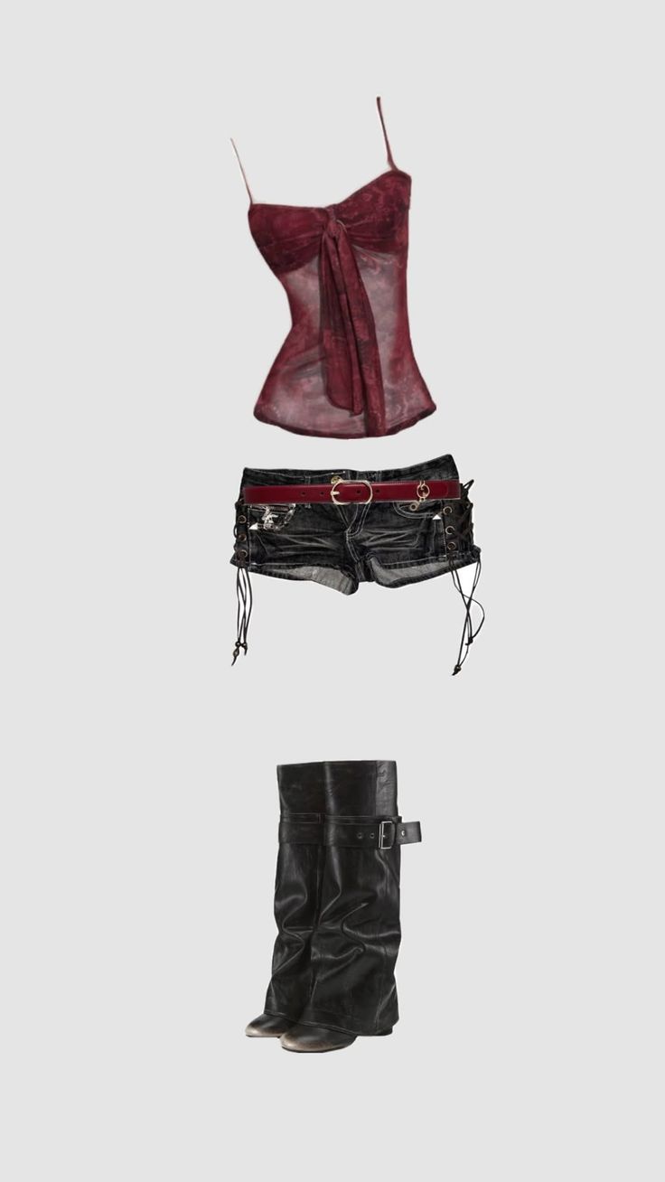 Red sheer top, denim shorts with a red belt, and black boots
