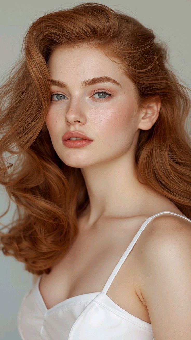 Woman with red hair and blue eyes wearing a white top, looking at the camera