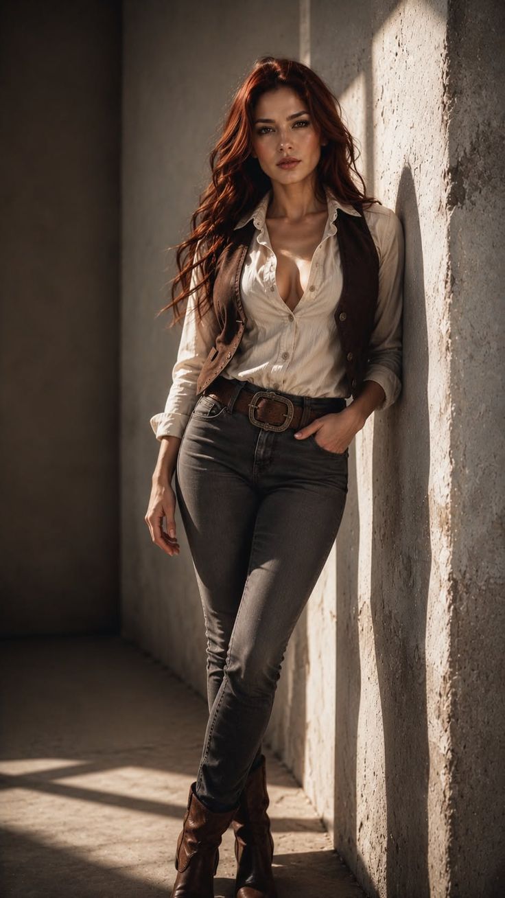 Woman with long red hair in a vest and jeans leaning against a wall