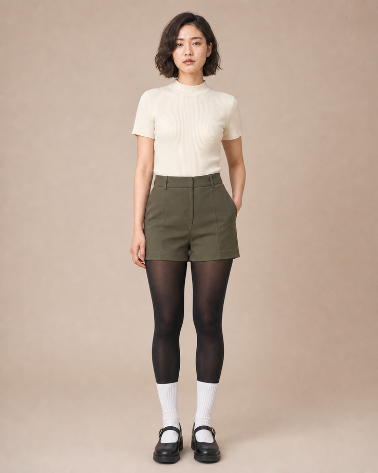 Woman with short hair wearing a ribbed top, olive shorts, and black tights
