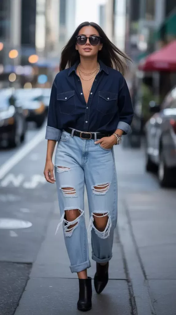 Woman in a denim shirt and ripped jeans walking on a city street