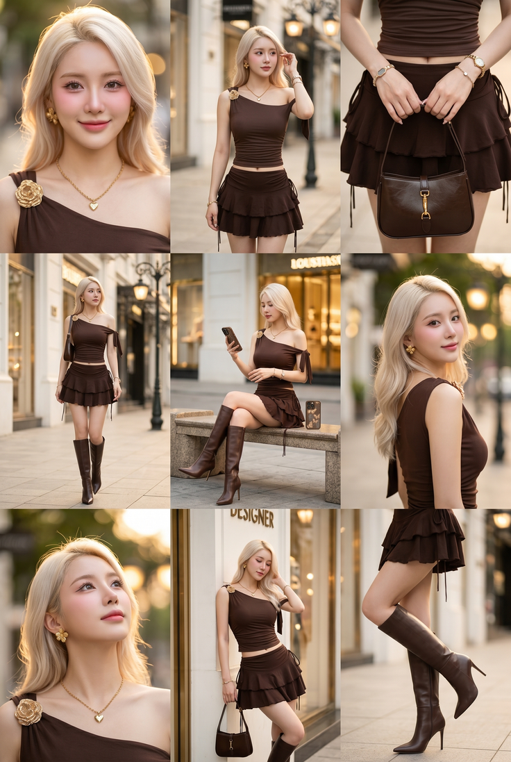 Woman with blonde hair in a brown top and mini skirt on a street at golden hour