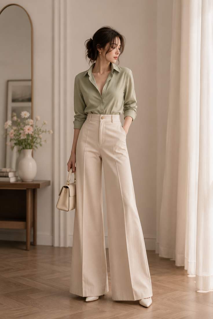 Woman in a light green shirt and wide-leg pants holding a handbag indoors