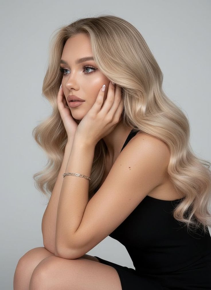 Woman with long blonde wavy hair in a black dress, hands near her face