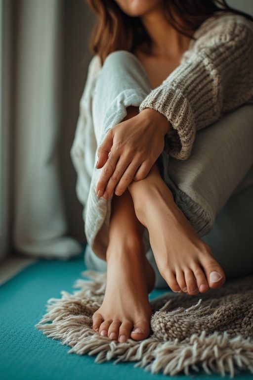 Woman in a cozy sweater and light pants, sitting indoors with bare feet