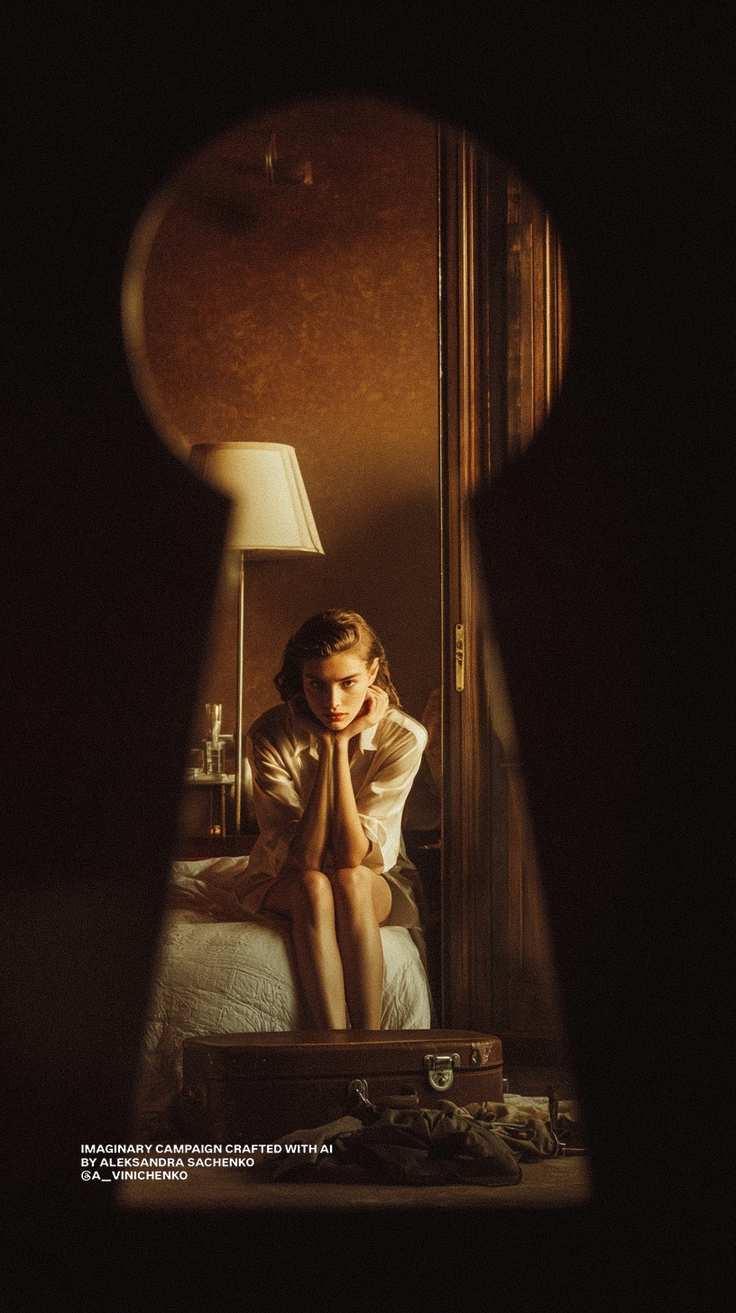 Woman in a white shirt sitting on a bed, viewed through a keyhole