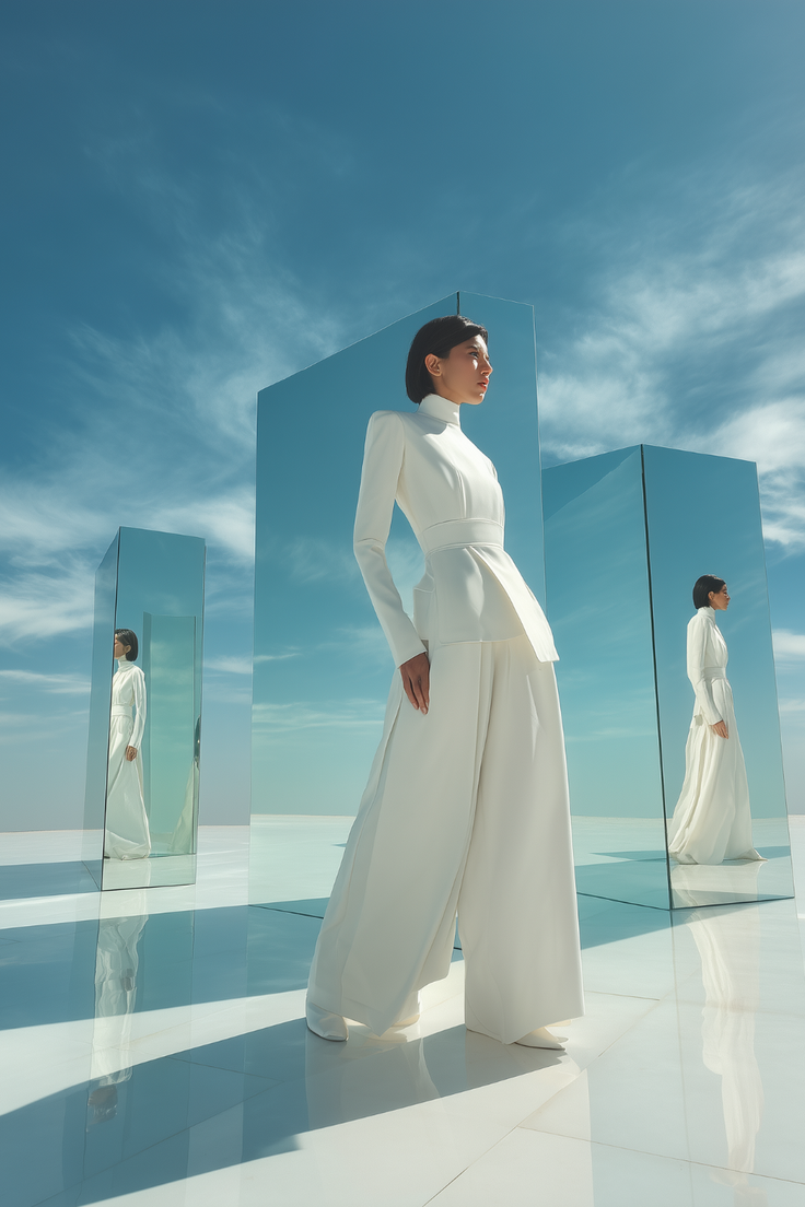 Woman in a white outfit standing among mirrors under a blue sky