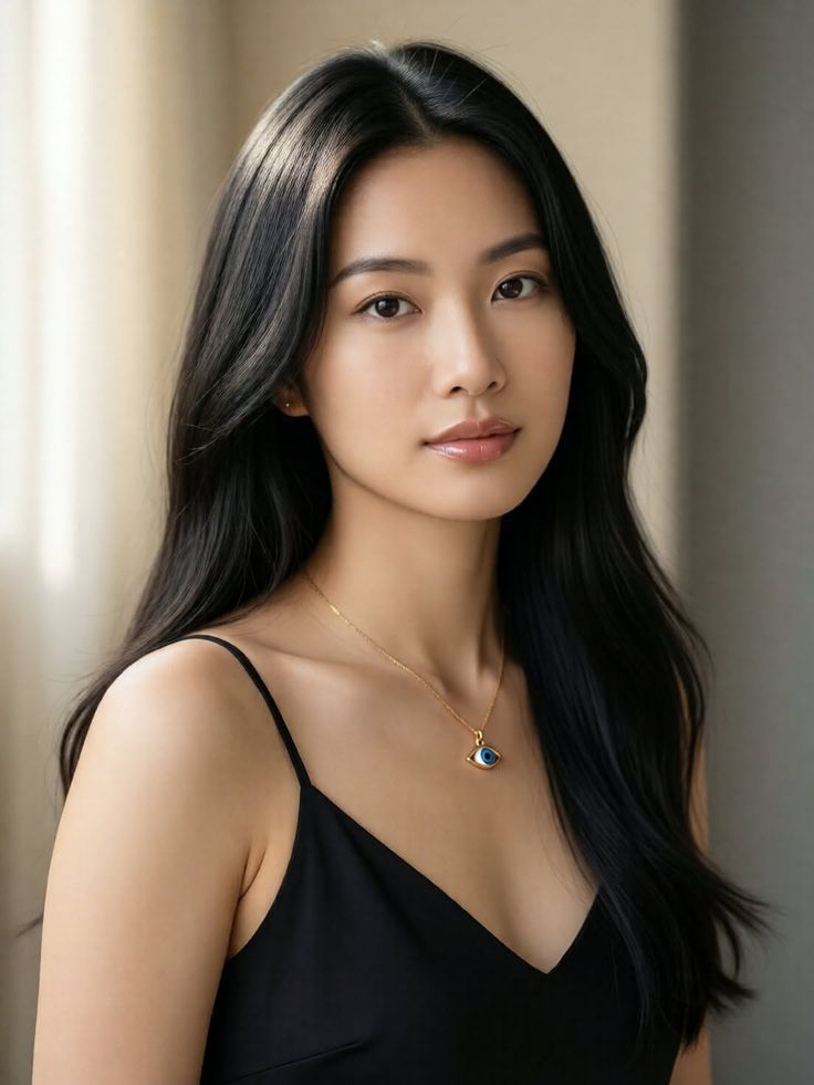 Woman with long black hair wearing a black camisole and an evil eye necklace