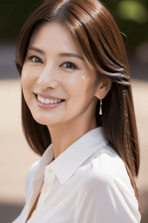 Woman with long brown hair wearing a white shirt and smiling