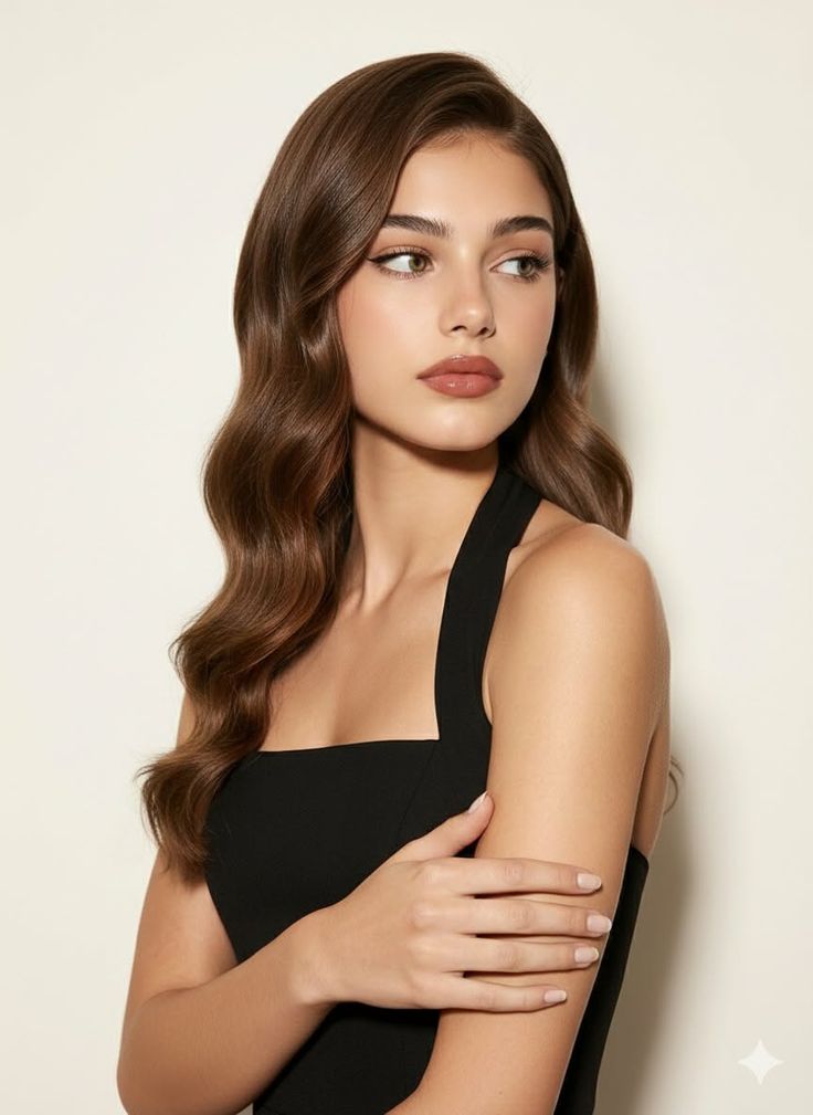 Woman with long wavy brown hair wearing a black dress, looking to the side