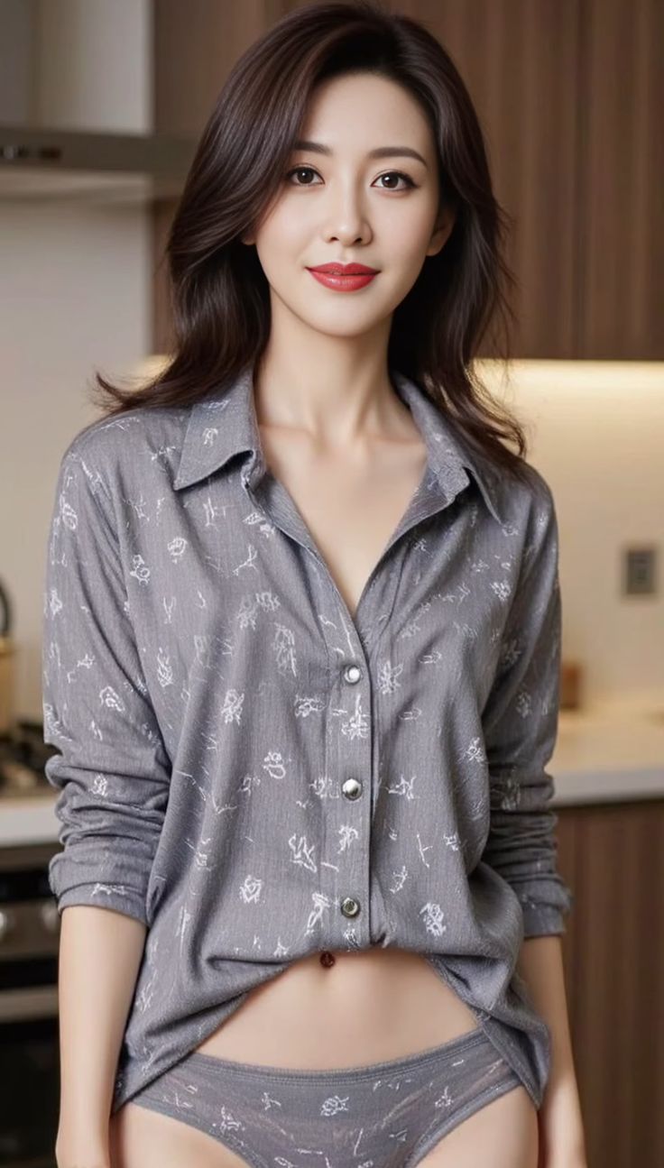 Woman in a gray shirt and underwear with exposed midriff indoors