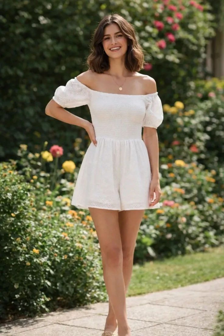 Woman in a white off-shoulder romper standing in a garden
