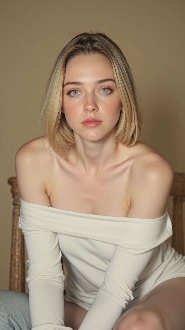 Woman with blonde hair and an off-shoulder top looking directly at the viewer