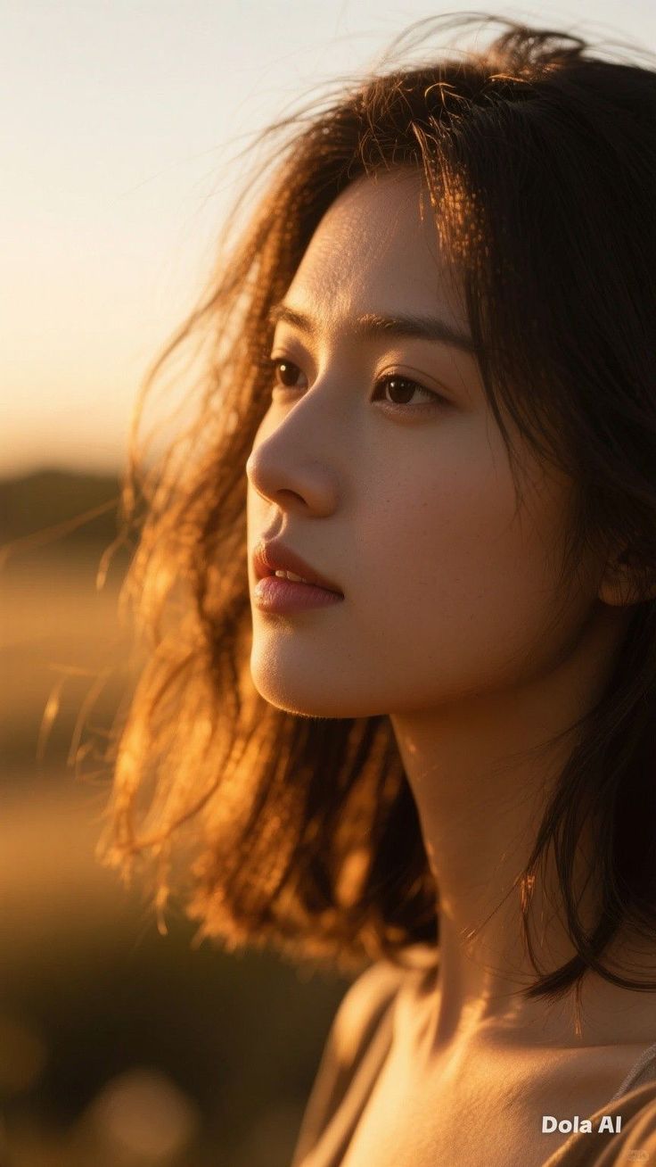 Woman with short hair in soft golden hour light outdoors