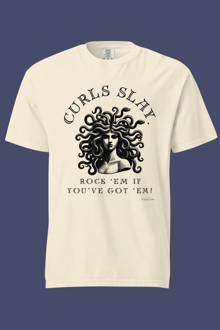 Cream t-shirt with a black and white illustration of Medusa and text