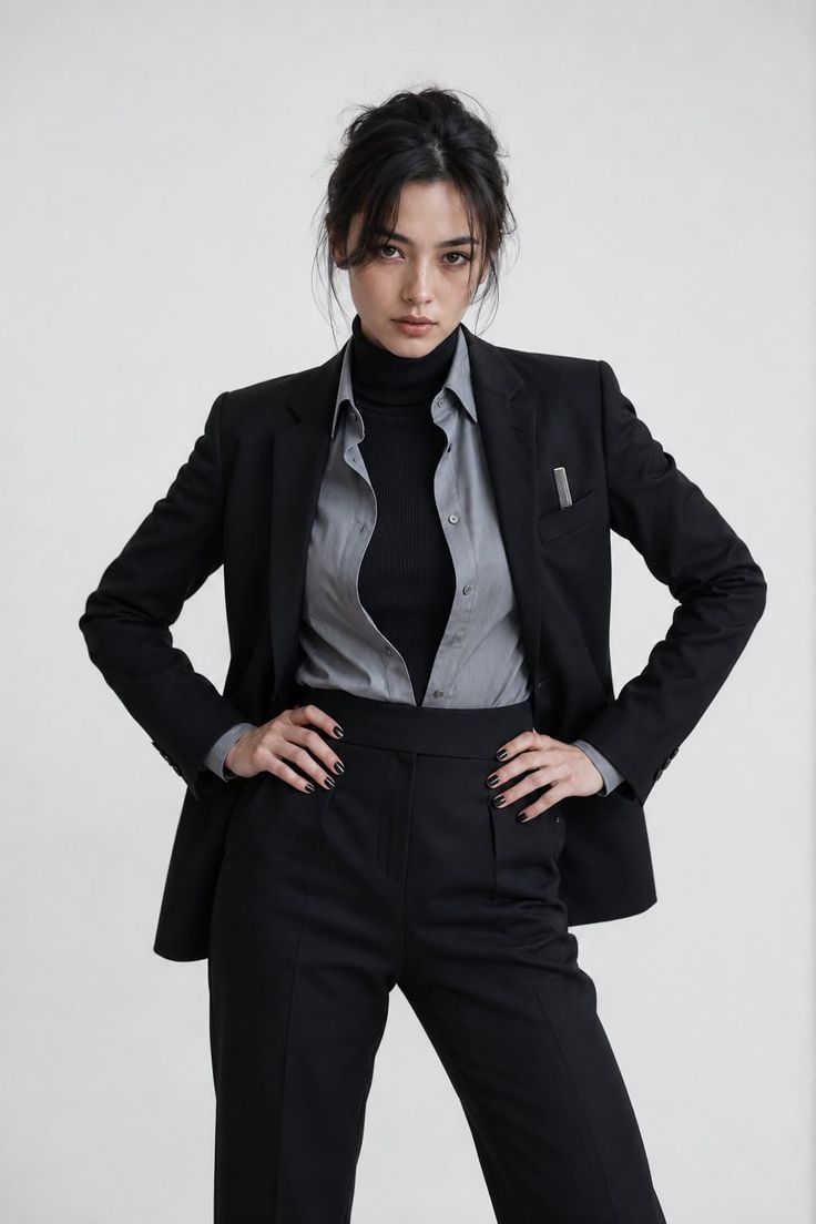 Woman in a black suit and turtleneck with hands on hips in a studio