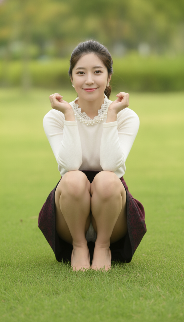 Woman in a white top and maroon skirt squatting on green grass