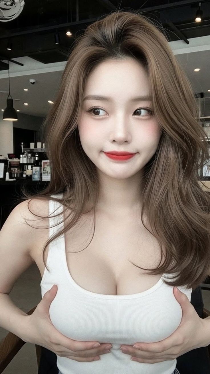 Woman in a white tank top with hands on her chest, looking to the side