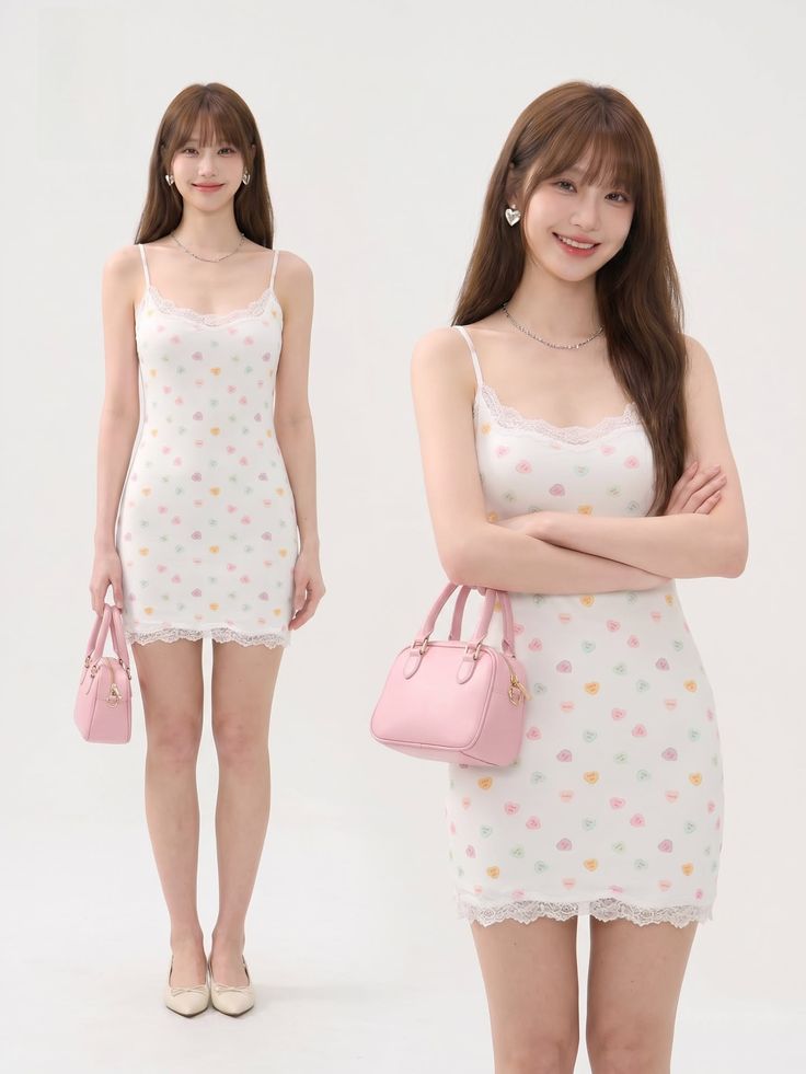 Woman in a white mini dress with heart patterns and a pink handbag