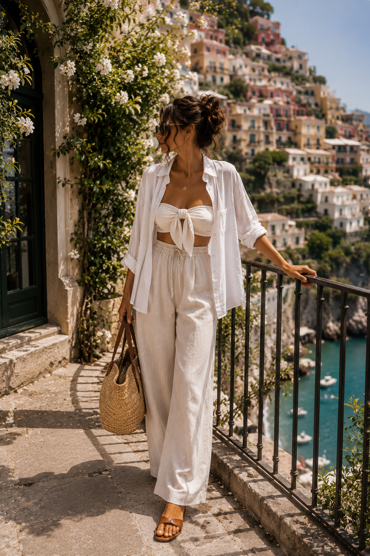 Woman in a white outfit and straw bag on a balcony overlooking a coastal town