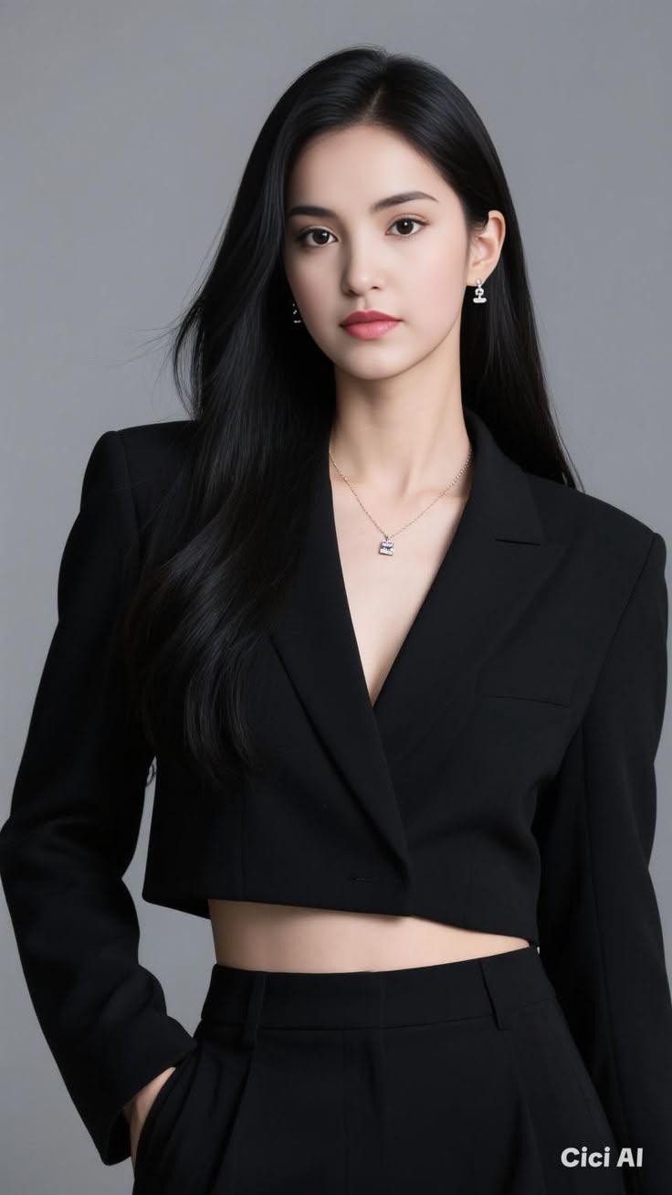 Woman with long black hair wearing a cropped blazer and pants in a studio