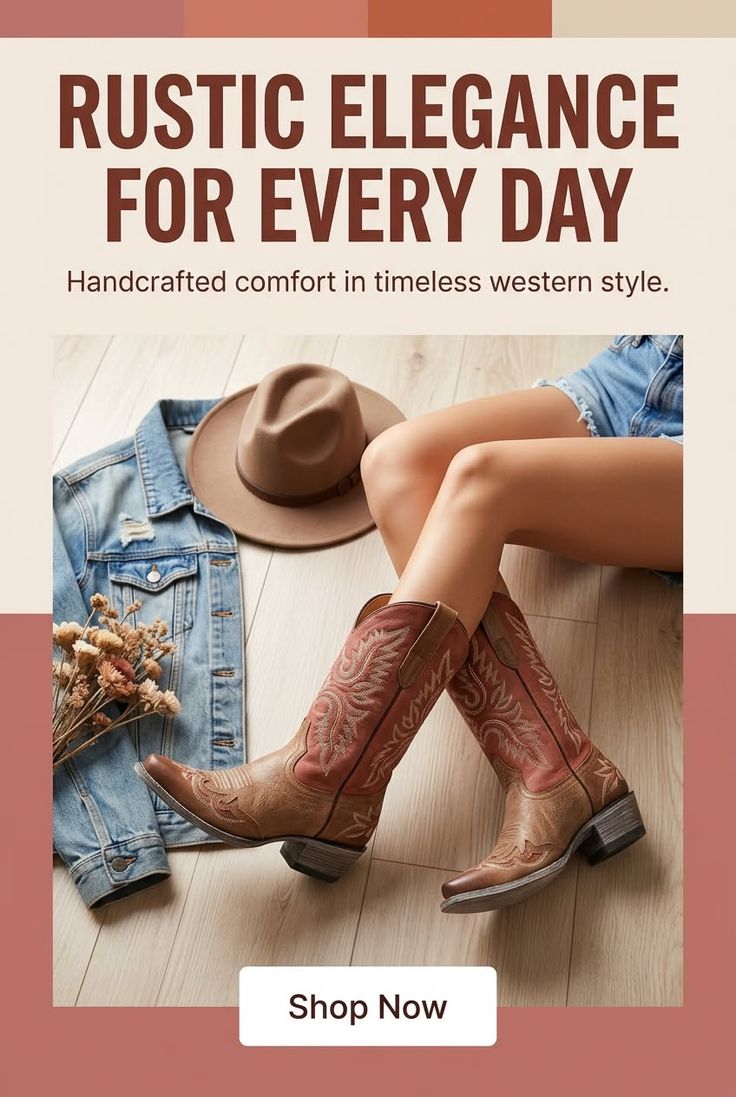 Person wearing cowboy boots and denim shorts with a jacket and hat on a wooden floor