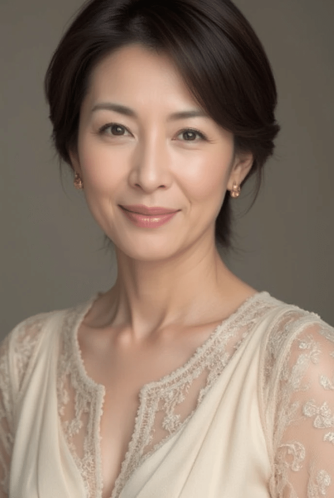 Woman with short dark hair wearing a lace top and earrings