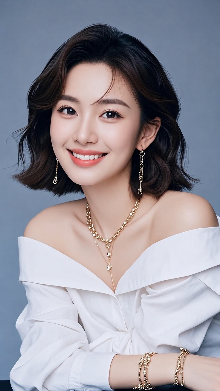 Woman with short hair wearing an off-shoulder top and gold jewelry, smiling