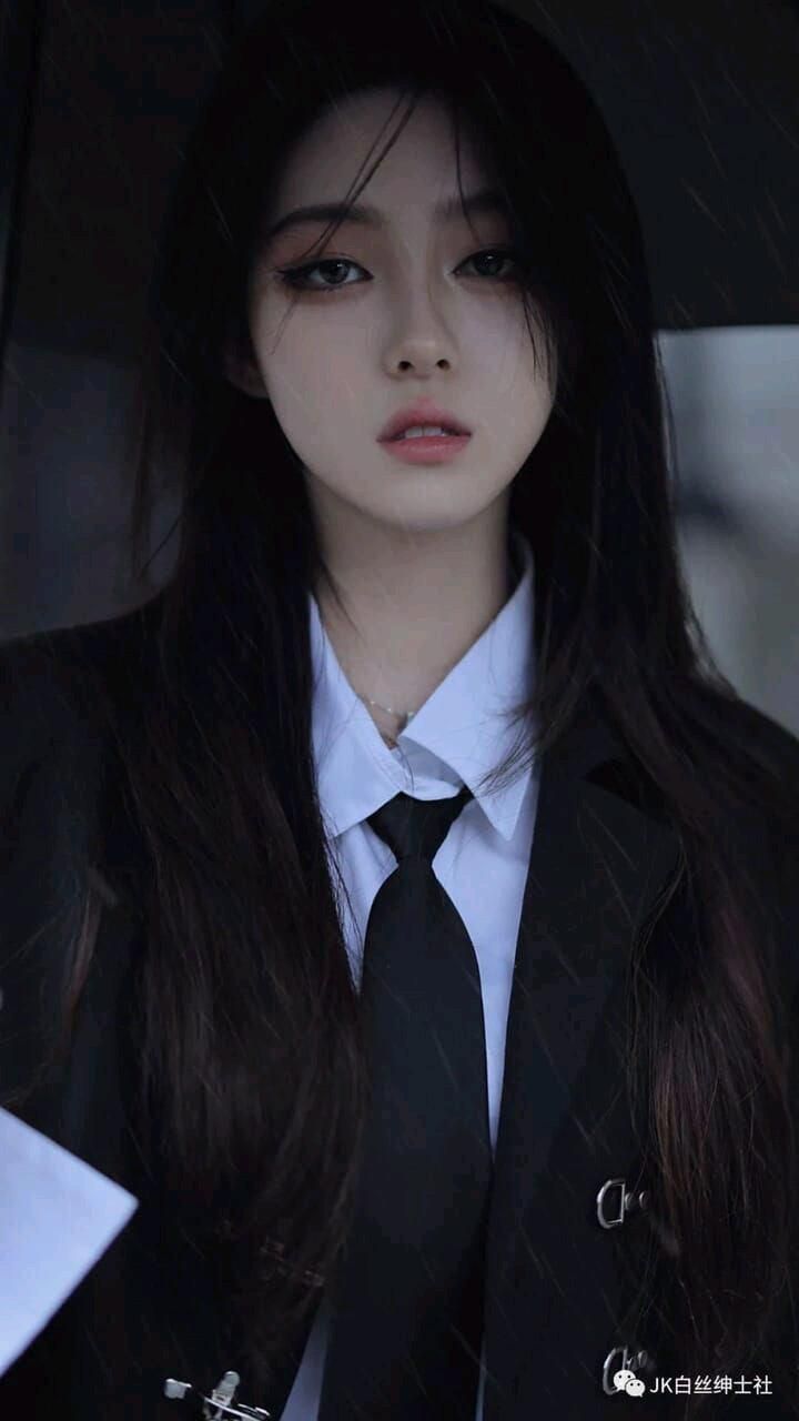 Woman with long black hair wearing a suit and tie