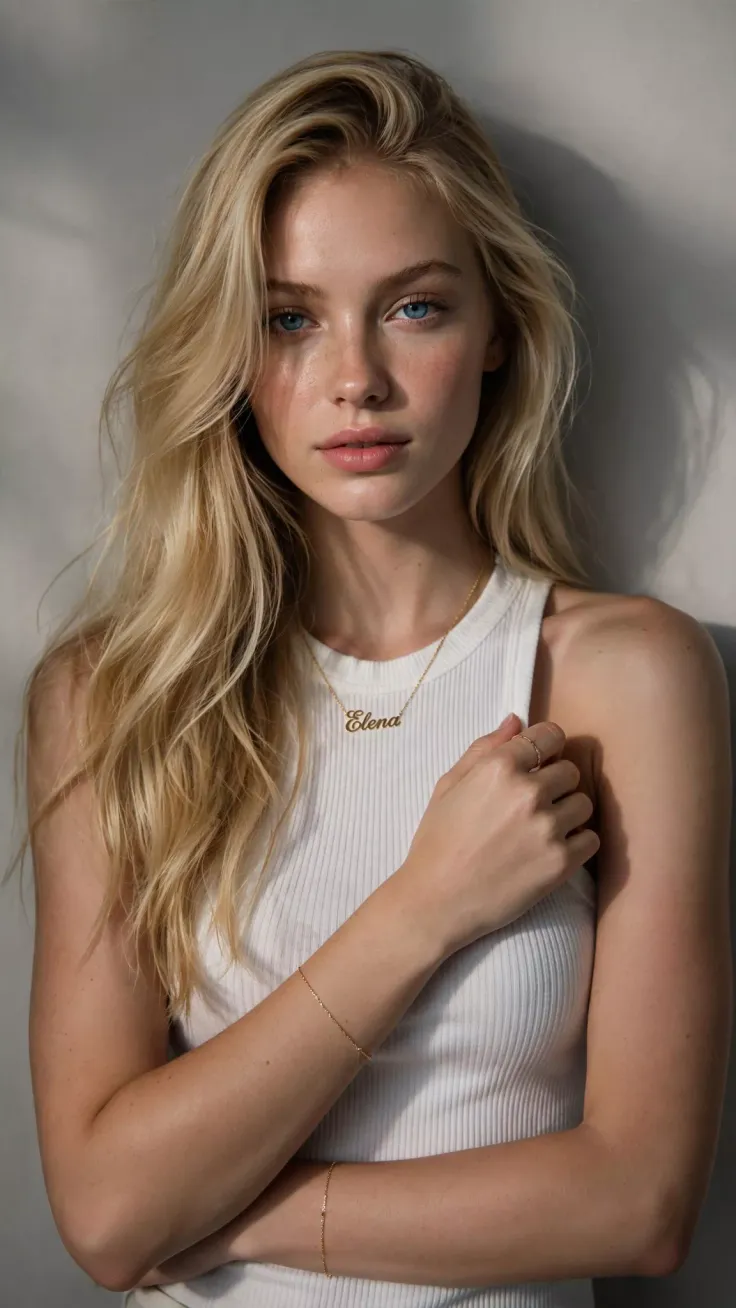 Blonde woman with blue eyes wearing a white tank top and a name necklace