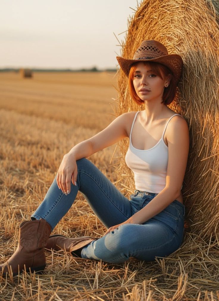 Woman in a cowboy hat and jeans sitting next to a hay bale at golden hour