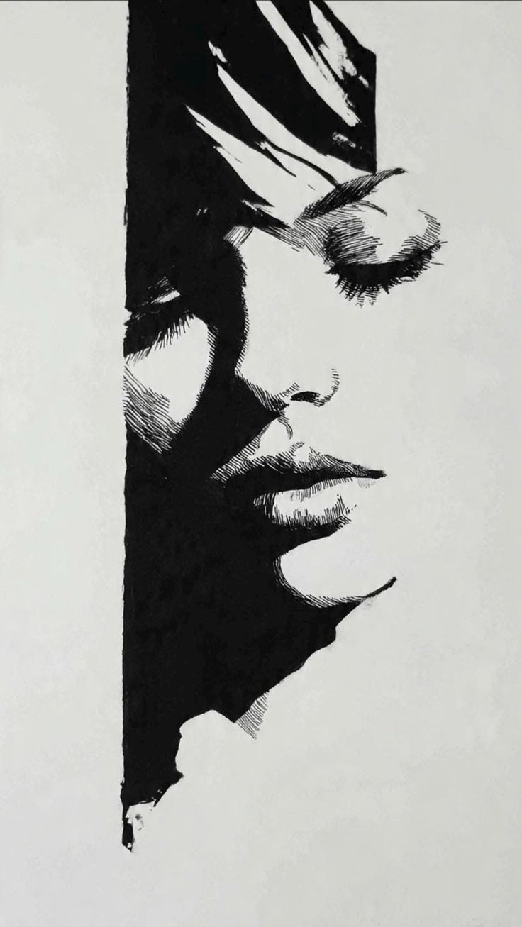Black and white illustration of a woman's face with closed eyes and strong shadows