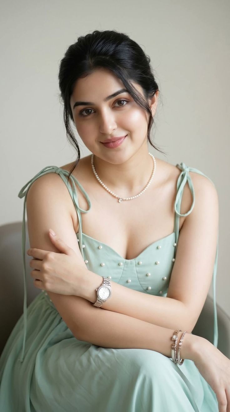 Woman in a mint green dress with pearl embellishments and a pearl necklace