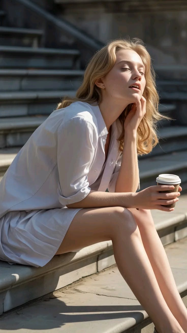 Blonde woman in a white shirt sitting on outdoor stairs with a coffee cup