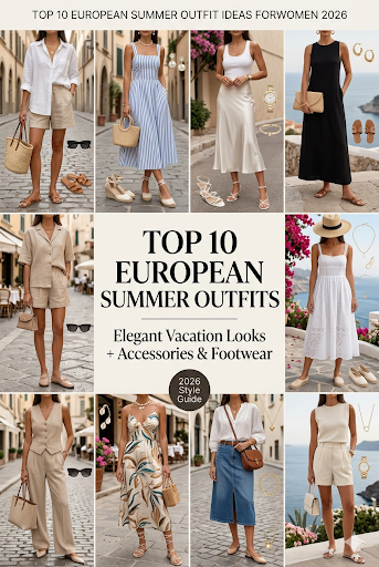 Collage of ten European summer outfits with accessories and footwear