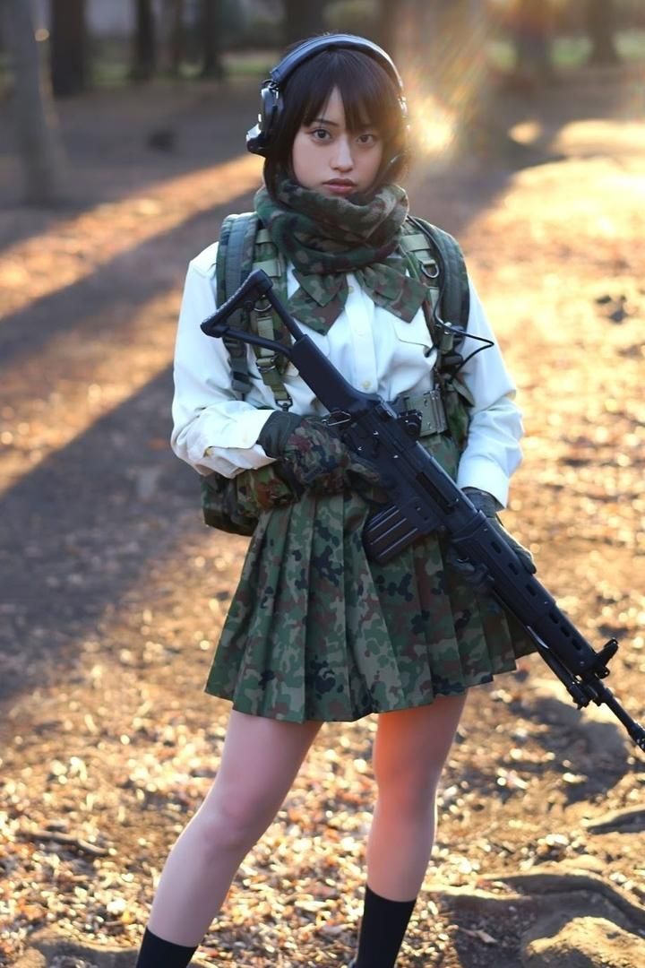Woman in a camouflage skirt and headphones holding a rifle outdoors
