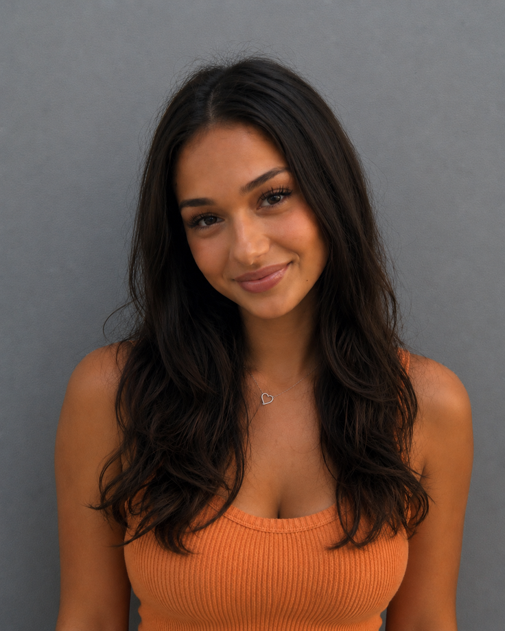 Woman with long dark hair wearing an orange top and heart necklace