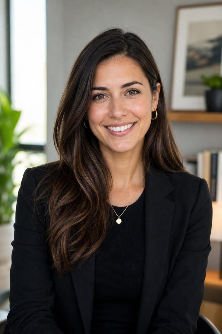 Woman with long brown hair wearing a black blazer and gold jewelry, smiling indoors