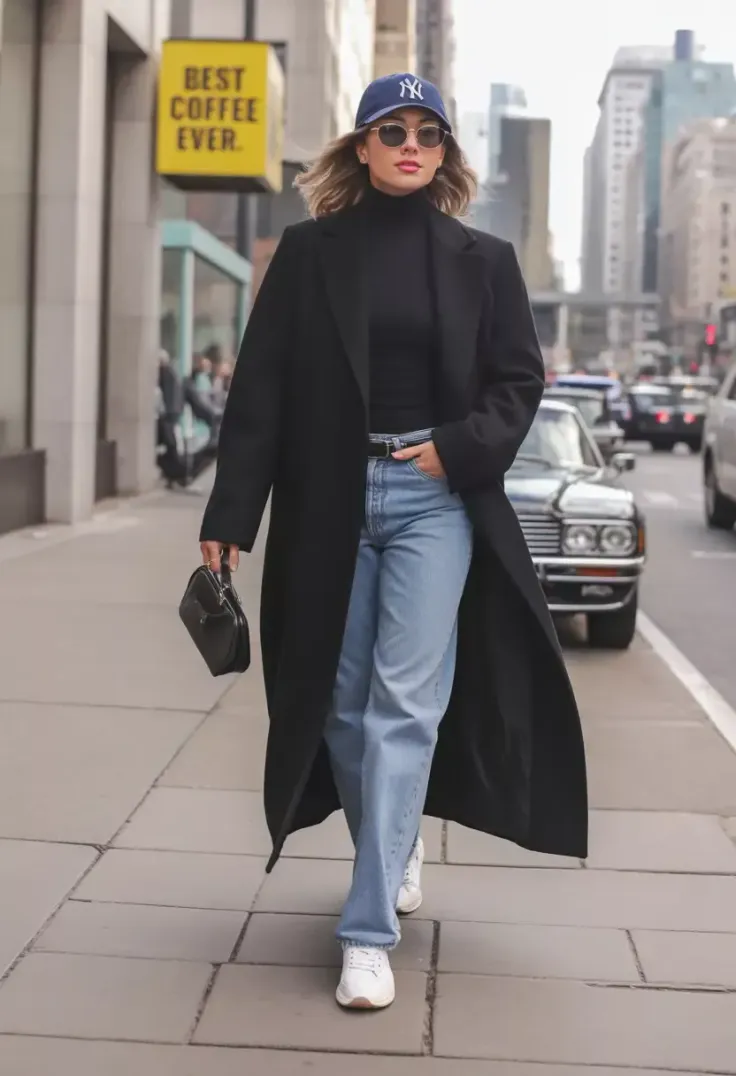 Woman in a black coat, blue jeans, and baseball cap walking on a city street