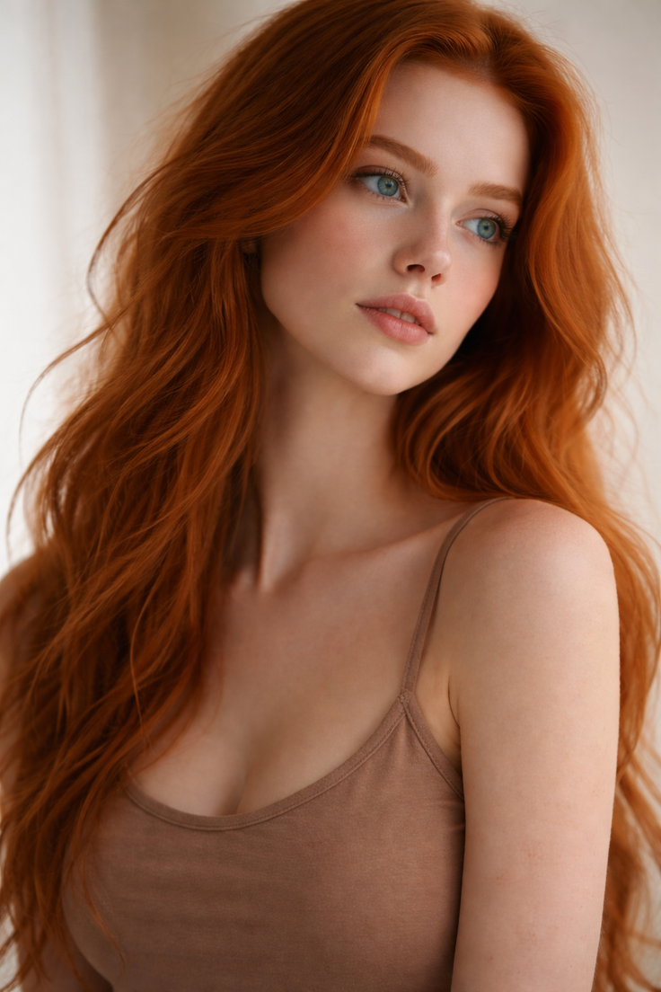 Woman with long red hair and blue eyes wearing a brown top