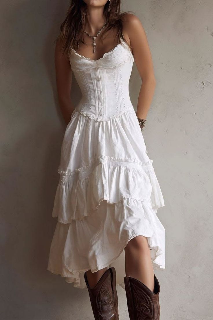 Woman in a white corset dress and cowboy boots leaning against a wall