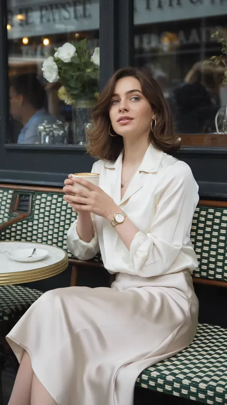Woman with short brown hair in a white shirt and satin skirt at an outdoor cafe