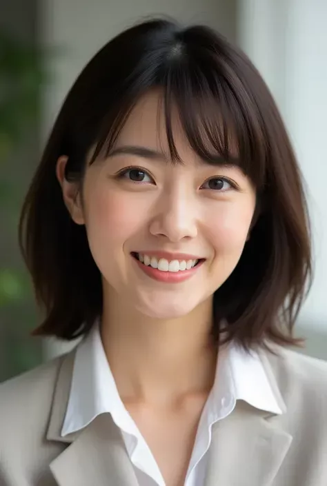 Woman with short dark hair and a suit jacket smiling at the camera