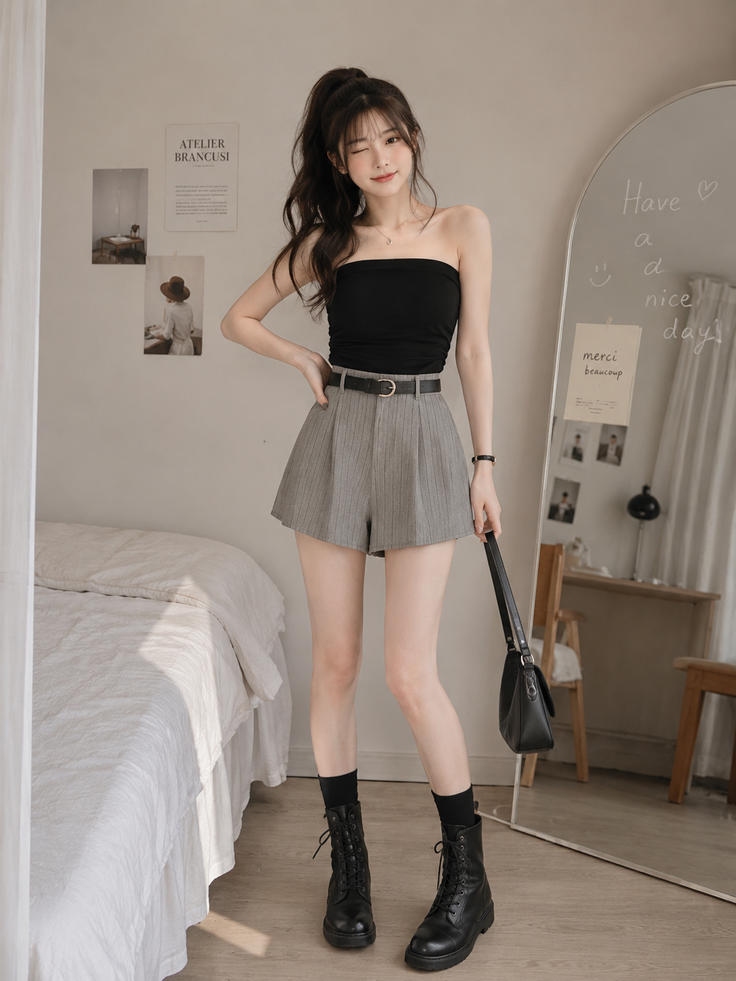 Woman in a black tube top and high-waisted shorts posing indoors